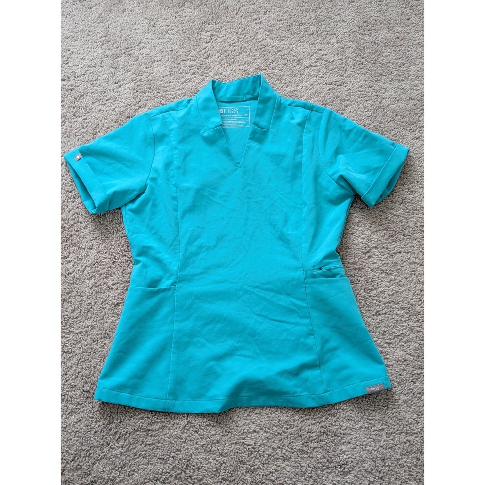 Figs Inala Slim Scrub TopWomens XS Notched V Neck Teal Green Nursing Zip Pocket